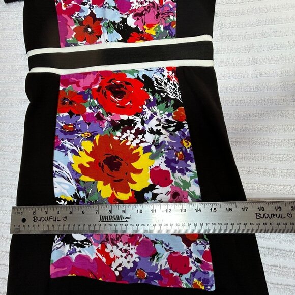 BCBGMaxazria Women's Floral Panel Black Sheath Dress Large Short Sleeve Zip Back - Picture 5 of 7